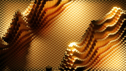Poster - 3D wave vibrations on square field. Design. Rising waves of vibrations on square 3d field. Wave oscillations with squares on surface