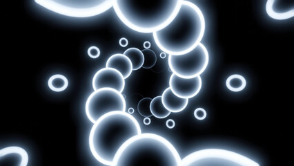Poster - Glowing 3d spiral of balls. Design. Neon circles move in spiral stream on black background. Beautiful 3d spiral with neon circles