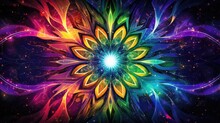 Cosmic Kaleidoscope Background. Abstract Sci-fi Mandala Fractal Luminous Neon Glowing Colorful Lights Wallpaper..