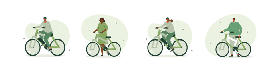 Electric transportation illustrations set. Characters driving electric bike. Eco friendly vehicle concept. Vector illustration.