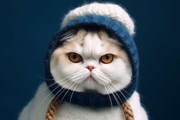 Wall Mural - scottish fold cat wearing a snowman costume against a navy blue background