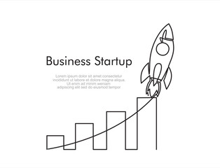Poster - continuous line drawing of Rocket launch, ship and increasing up arrows bar graph.Continuous line drawing. Startup business. Vector illustration. Isolated on white background. 