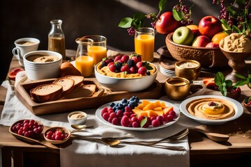 Wall Mural - delicious morning breakfast, A breakfast scene bathed in soft morning light, showcasing a nutritious spread of colorful fruits, freshly baked whole-grain bread, and a creamy bowl of hummus