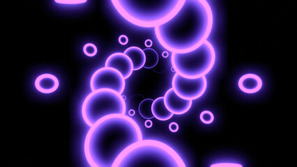 Poster - Glowing 3d spiral of balls. Design. Neon circles move in spiral stream on black background. Beautiful 3d spiral with neon circles