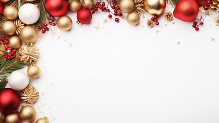 christmas frame of spruce,golden & red christmas decorations on white background for your design. ch