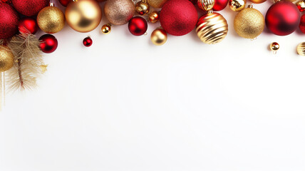 christmas frame of spruce,golden & red christmas decorations on white background for your design. ch