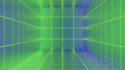 Poster - Colorful virtual cyber tunnel with grid. Design. Cyber grid with colorful 3d tunnel. Square colorful tunnel with virtual grid