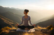 © May Thawtar - Young woman doing yoga outdoor. Background of beautiful mountains