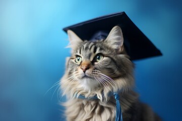 Wall Mural - Medium shot portrait photography of a happy laperm cat wearing a graduation cap against a soft blue background. With generative AI technology