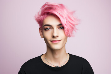 Photo portrait made by generative AI of non binary person with bright pink hair gay lgbt parade