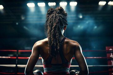 Generative AI photo of confident professional boxer sporty person in a boxing ring isolated in dark background