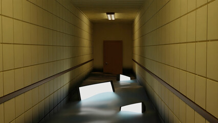 Aufkleber - Glowing screens in water. Design. 3D corridor with water and glowing screens. Stylish futuristic animation with 3d corridor and water. Flooded hospital corridor