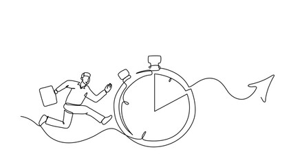 continuous line drawing of man running with bag and time to go to work, timer, people, concept for business vector illustration