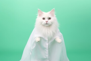 Wall Mural - Lifestyle portrait photography of a funny turkish angora cat wearing a ghost costume against a pastel green background. With generative AI technology