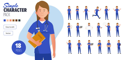 Wall Mural - Simple flat female nurse woman vector character in a set of multiple poses. Easy to edit and isolated on a white background. Modern trendy style character mega pack with lots of poses. 