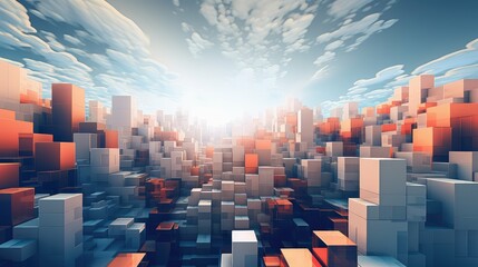 Wall Mural - 3d voxel city landscape illustration render modern, futuristic view, perspective geometry 3d voxel city landscape