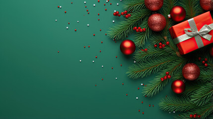 top view of composition with christmas decorations and copy space on green background. new year wint