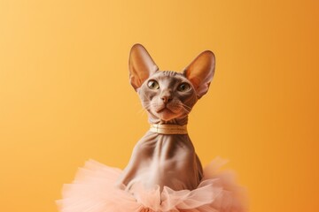 Lifestyle portrait photography of a smiling sphynx cat wearing a ballerina tutu against a pastel orange background. With generative AI technology