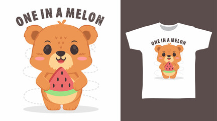 Wall Mural - Cute little bear with watermelon tshirt art fashion design.