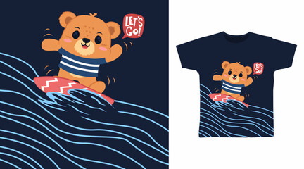 Wall Mural - Cute bear surfing tshirt art fashion design.