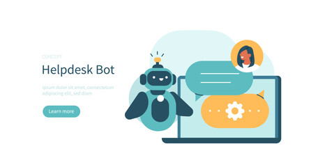 Helpdesk concept. Character communicating to chat bot made with neural network technology and answering questions. Vector illustration.
