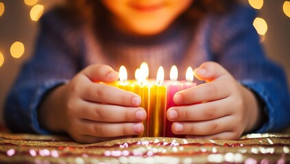 Sticker - Close-up of child hands holding burning candle on christmas background