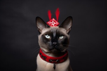 siamese cat wearing a devil horns headband against a cool gray background