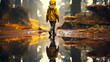 Solitary Child in Yellow Raincoat Walking in Autumn Forest