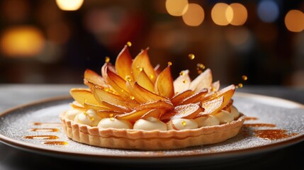 incredibly beautiful and delicious tart with caramelized pear, thin pear slices shine through in the backlight from the window