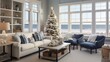 A nautical-themed living room with seaside Christmas decor, featuring seashell garlands, sailor knots, and a coastal holiday tree.