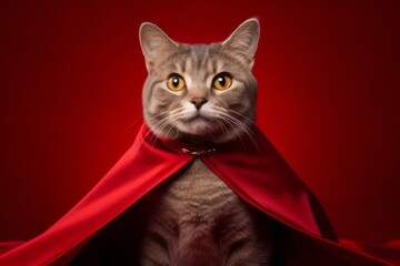 Wall Mural - american shorthair cat wearing a vampire cloak against a ruby red background