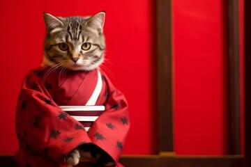 Wall Mural - american shorthair cat wearing a samurai costume against a ruby red background