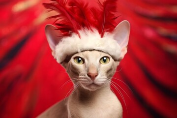 Wall Mural - peterbald cat wearing a feathered carnival hat against a ruby red background