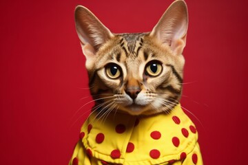 Wall Mural - savannah cat wearing a pineapple costume against a ruby red background