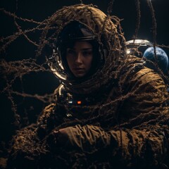 Wall Mural - astronaut in barbed wire trap generative ai