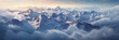 aerial view, jagged mountain range, pristine snow caps, piercing through a sea of clouds, dramatic lighting