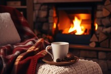 A Cup Of Coffee Or Tea On A Cozy Winter Evening Near The Fireplace