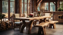 Handmade Wooden Log Dining Table. Vintage Craft Furniture
