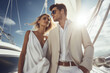 Lovely couple dressed in white on yacht deck, sailing in the sea. Handsome man and beautiful woman having romantic date. Luxury travel concept.