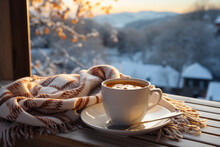 Cozy Warm Winter Composition With Cup Of Hot Coffee Or Chocolate, Cozy Blanket And Snowy Landscape On Sunny Winter Day. Winter Home Decor. Christmas. New Years Eve.