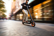 Man riding kick scooter at high speed on city street. Violating speed limits while riding a scooter. Safety in the city. Motion blur.