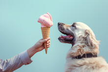 Cute Dog Eating Ice Cream In A Waffle Cone Outdoors. Owner Feeding His Pet A Gelato On Summer Day. Handing Sweets To A Dog.