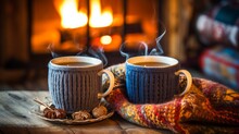 Two Mugs Of Different Colors, Woolen Things Near The Cozy Fireplace, In The Country House, Winter Holiday