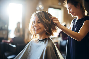 Beautiful young woman getting a haircut at hair salon. Hairstylist doing a hairstyle to a customer at a beauty salon.