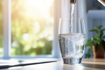 Filling up a glass with clean drinking water from kitchen faucet. Safe to drink tap water.