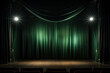 Empty theater stage with green velvet curtains and spotlights for congratulations, style background with copy space, podium for new product, presentation. 