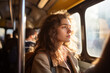 © MNStudio - Beautiful young woman travelling by public bus. Female passenger riding a bus on sunny morning. Public transportation.