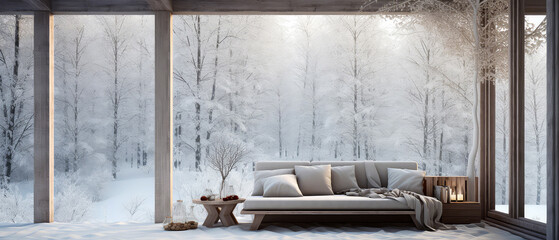 Wall Mural - Winter, snowy patio of suburban house. Luxury exterior design scene.Villa  facade, backyard terrace, with couches and lounge chairs. Vacation, wellness, resort, hotel, penthouse.Generative ai