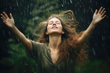 Sticker - Young woman feeling relieved in beautiful green nature, enjoying the rain, breathing the fresh air with opened arms