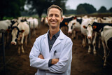 Fototapeta  - A veterinarian stands in front of cows and smiles for the camera.